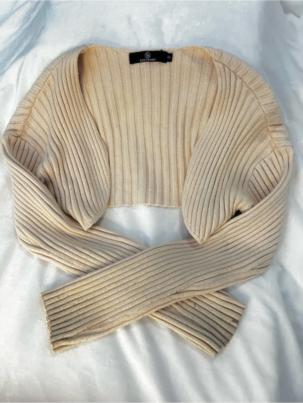 LILLUSORY Cream Ribbed Knit Bolero Shrug Cardigan Sweater — XS/S | Balletcore